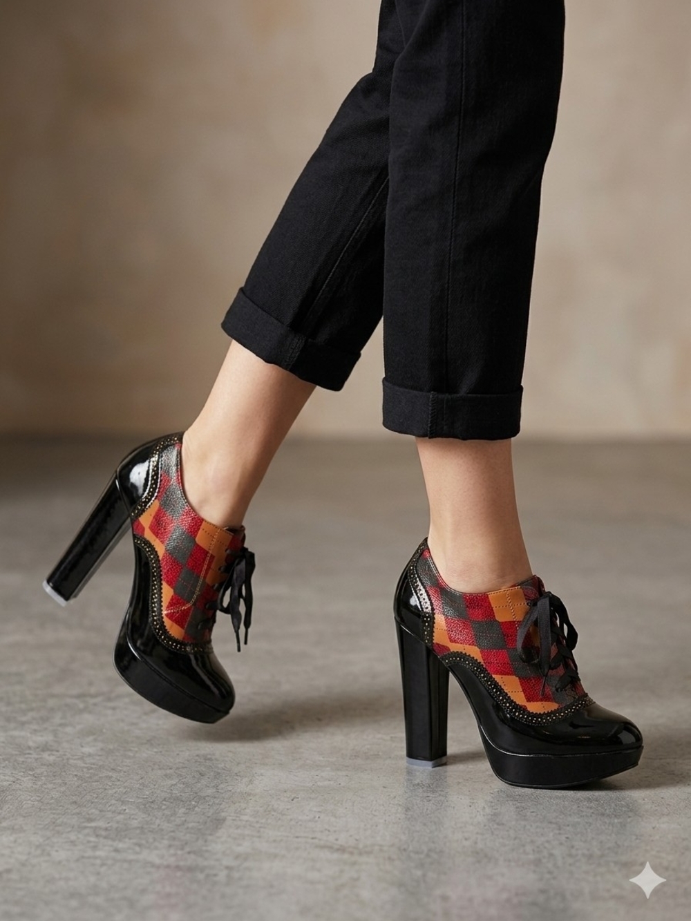zinc Black Patent Plaid Lace-Up Platform Heels